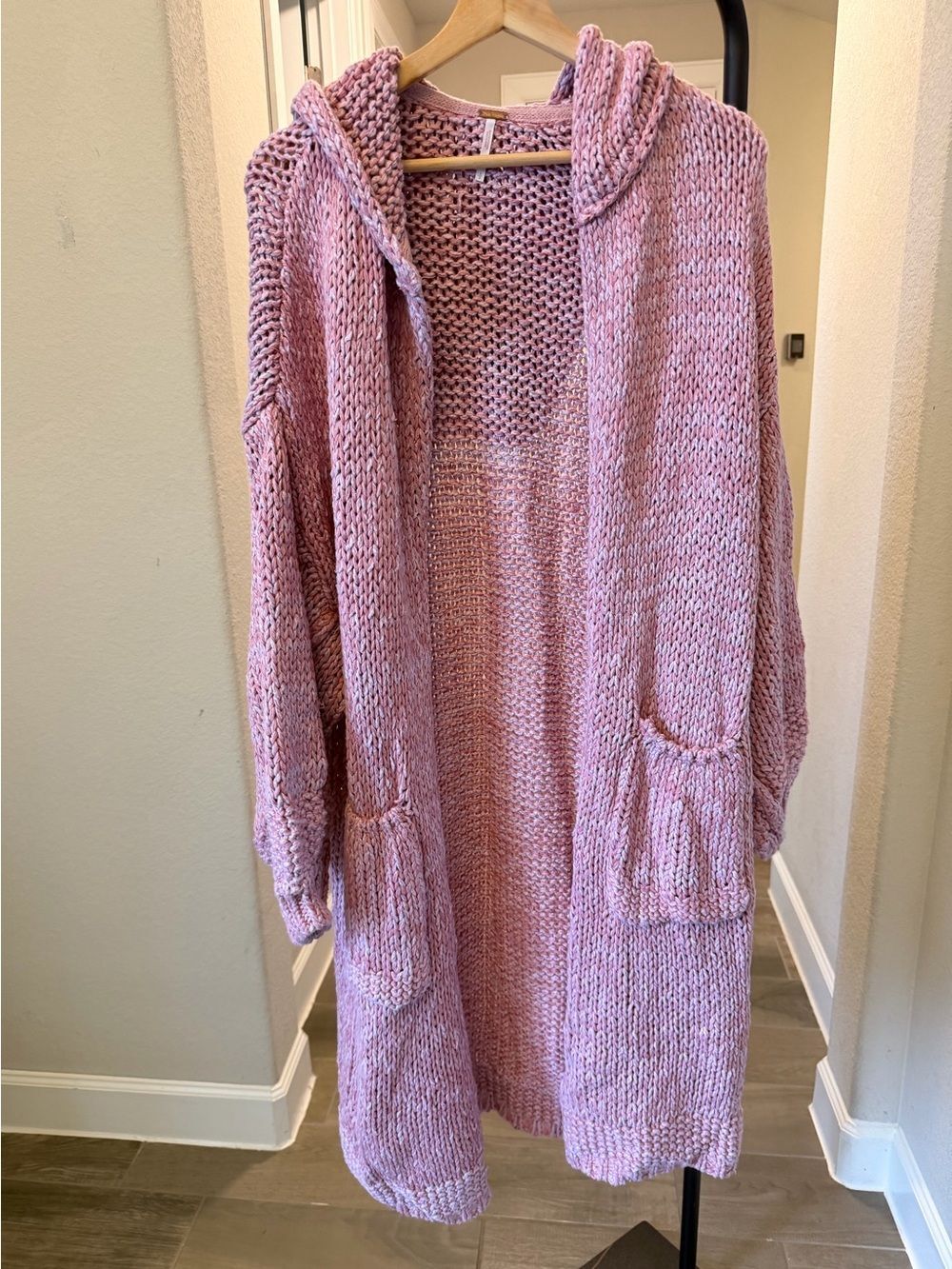 Free People Crofter Cardi Womens S Pink Chunky Knit Hooded Long Cardigan Duster